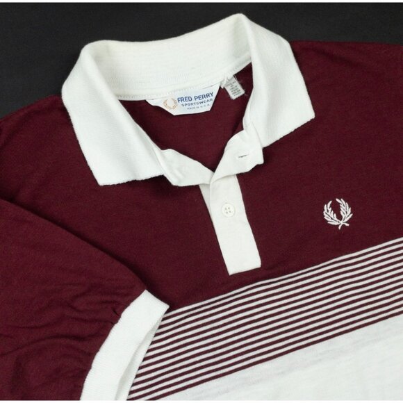 Fred Perry Polo Shirt Men's XL Striped Burgundy White Sportswear Made in USA 80s - Picture 1 of 12